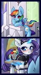 Size: 2400x4400 | Tagged: safe, artist:miioko, derpibooru import, rainbow dash, rarity, pegasus, pony, unicorn, absurd resolution, cat ears, clothes, cute, dashabetes, female, food, friendship throne, glowing horn, ice cream, lesbian, magic, maid, mare, raribetes, raridash, rarity is not amused, shipping, smiling, telekinesis, tray, tsundere, tsunderity, unamused