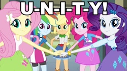 Size: 640x360 | Tagged: safe, derpibooru import, applejack, fluttershy, pinkie pie, rainbow dash, rarity, equestria girls, image macro, queen latifah, song reference, unity