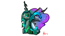 Size: 5259x2959 | Tagged: safe, artist:alumx, nightmare moon, queen chrysalis, alicorn, changeling, changeling queen, pony, blushing, chrysmoon, female, lesbian, mare, shipping