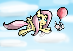 Size: 2222x1566 | Tagged: safe, artist:sweetscribblez, angel bunny, fluttershy, pegasus, pony, balloon, flying