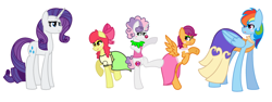 Size: 2956x1112 | Tagged: safe, artist:midnightamber, derpibooru import, apple bloom, rainbow dash, rarity, scootaloo, sweetie belle, earth pony, pegasus, pony, unicorn, alternate hairstyle, blushing, clothes, clown, cutie mark crusaders, dress, eyeshadow, female, filly, forced makeover, group, lipstick, makeover, makeup, mare, rainbow dash always dresses in style, simple background, white background