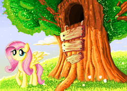 Size: 1357x972 | Tagged: safe, artist:shadowhuntercis, fluttershy, pegasus, pony, female, mare, pink mane, tree, yellow coat