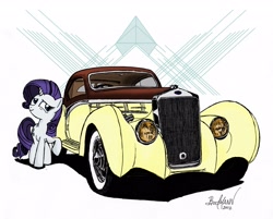 Size: 3353x2691 | Tagged: safe, artist:berlioz-ii, rarity, pony, unicorn, car, high res, traditional art