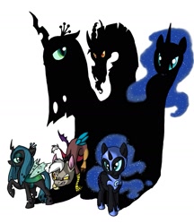 Size: 1417x1639 | Tagged: safe, artist:assassin-or-shadow, discord, nightmare moon, queen chrysalis, changeling, changeling queen, shadow, younger