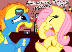 Size: 2338x1700 | Tagged: safe, artist:rustydooks, artist:tess, fluttershy, spitfire, pegasus, pony, colored, drunk, drunkershy