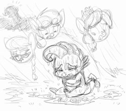 Size: 734x650 | Tagged: safe, artist:carnifex, diamond tiara, rarity, silver spoon, oc, oc:azure, pony, unicorn, crying, monochrome, rain, sad