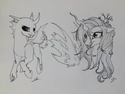 Size: 3264x2448 | Tagged: safe, artist:lupiarts, queen chrysalis, changeling, changeling queen, monochrome, traditional art