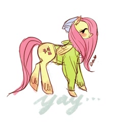 Size: 622x700 | Tagged: safe, artist:emmy, fluttershy, pegasus, pony, bottomless, clothes, hat, hoodie, partial nudity, solo, sweater, sweatershy