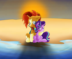 Size: 3087x2528 | Tagged: safe, artist:seenty, starlight glimmer, sunburst, pony, unicorn, beach, blushing, female, male, shipping, starburst, straight, sunset