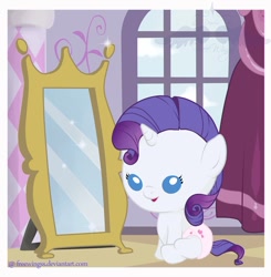 Size: 800x815 | Tagged: safe, artist:freewingss, rarity, pony, unicorn, babity, baby, baby pony, diaper, filly, foal, mirror, solo