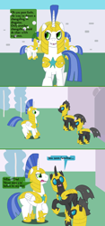 Size: 1000x2138 | Tagged: safe, artist:hakar-kerarmor, queen chrysalis, oc, oc:monolith, oc:nors, changeling, changeling queen, ask four inept guardponies, confused, evil grin, fangs, royal guard, surprised