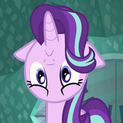 Size: 461x461 | Tagged: safe, edit, edited screencap, screencap, starlight glimmer, pony, unicorn, the crystalling, :<, cropped, female, floppy ears, frown, inverted face, looking at you, mare, sad, sadface glimmer, sadlight glimmer, solo, upside down face, wat, wide eyes