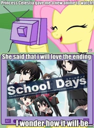 Size: 563x771 | Tagged: safe, fluttershy, pegasus, pony, exploitable meme, fs doesn't know what she's getting into, hilarious in hindsight, meme, otakushy, painfully innocent fluttershy, school days, this will end in tears, trollestia, tv meme