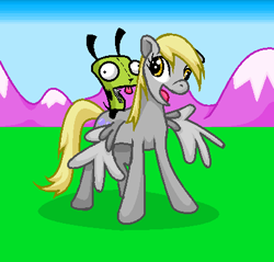 Size: 412x394 | Tagged: safe, artist:notallbrony, derpy hooves, pegasus, pony, crossover, duo, female, gir, invader zim, mare, mountain, smiling, standing