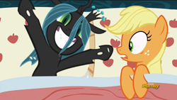 Size: 1280x720 | Tagged: safe, edit, edited screencap, screencap, applejack, queen chrysalis, changeling, changeling queen, earth pony, pony, 28 pranks later, applejack's bed partner, bed, chibi, chrysajack, discovery family logo, exploitable meme, female, happy, irrational exuberance, lesbian, mare, meme, pillow, shipping, smiling, surprised