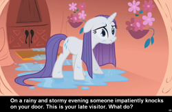 Size: 1024x672 | Tagged: safe, rarity, pony, unicorn, caption, cs captions, female, floppy ears, mare, puddle, sad, solo, wet, wet mane, wet mane rarity