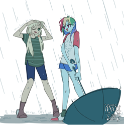 Size: 1186x1200 | Tagged: safe, artist:dusty-munji, derpibooru import, applejack, rainbow dash, equestria girls, rain, umbrella