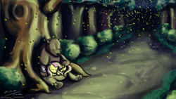 Size: 1920x1080 | Tagged: safe, artist:esuka, fluttershy, bear, firefly (insect), pegasus, pony, female, mare