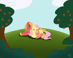 Size: 1500x1207 | Tagged: safe, artist:sagawolf, big macintosh, fluttershy, oc, oc:apple dove, earth pony, pegasus, pony, family, filly, fluttermac, foal, male, offspring, parent:big macintosh, parent:fluttershy, parents:fluttermac, shipping, stallion, straight