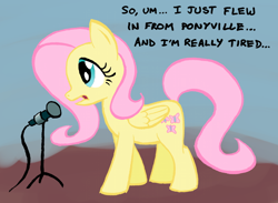 Size: 700x512 | Tagged: safe, artist:ambrosebuttercrust, fluttershy, pegasus, pony, microphone, pun, solo, stand-up comedy