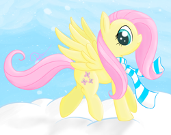 Size: 1224x968 | Tagged: safe, artist:twilightsquare, fluttershy, pegasus, pony, clothes, scarf, snow, snowfall, solo, winter