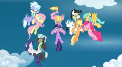 Size: 851x467 | Tagged: safe, derpibooru import, screencap, applejack, cloudchaser, fluttershy, meadow flower, mercury, milky way, pinkie pie, rarity, starry eyes (character), sunshower raindrops, thunderlane, twilight sparkle, unicorn twilight, earth pony, pegasus, pony, unicorn, wonderbolts academy, carrying, clothes, cloud, female, flying, goggles, male, mare, rescue, stallion, uniform, wonderbolt trainee uniform