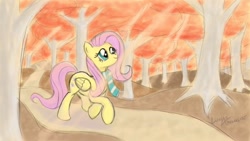 Size: 1920x1080 | Tagged: safe, artist:lunarapologist, fluttershy, pegasus, pony, autumn, clothes, scarf, solo