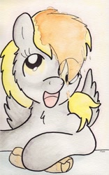 Size: 734x1173 | Tagged: safe, artist:slightlyshade, derpy hooves, pegasus, pony, female, mare, pancakes, solo, traditional art