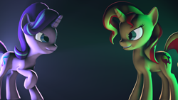 Size: 1920x1080 | Tagged: safe, artist:fd-daylight, starlight glimmer, sunset shimmer, pony, unicorn, 3d, counterparts, debate in the comments, eye contact, looking at each other, raised hoof, source filmmaker, twilight's counterparts, versus, wallpaper