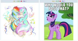 Size: 570x302 | Tagged: safe, derpibooru import, lyra heartstrings, rainbow dash, sweetie belle, twilight sparkle, alicorn, pegasus, pony, derpibooru, exploitable meme, juxtaposition, juxtaposition win, meme, meta