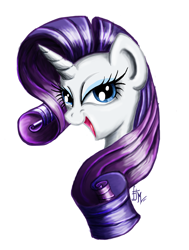 Size: 3065x4058 | Tagged: safe, artist:judymurphy, rarity, pony, unicorn, bust, female, lidded eyes, mare, open mouth, signature, simple background, smiling, solo, white background