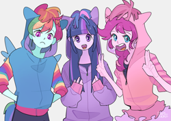 Size: 1143x803 | Tagged: safe, artist:dusty-munji, pinkie pie, rainbow dash, twilight sparkle, equestria girls, clothes, cute, female, hands in pockets, hoodie, looking at you, open mouth, peace sign, simple background, trio, white background