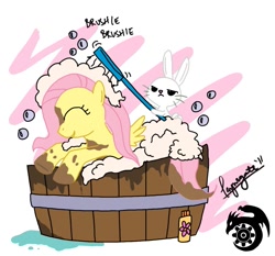 Size: 1107x1031 | Tagged: safe, artist:tarynsgate, angel bunny, fluttershy, pegasus, pony, bath, bathtub, brush, brushie, filly, mud, soap, washing