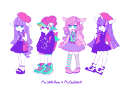 Size: 685x490 | Tagged: safe, artist:x0x0-x0x0, derpibooru import, pinkie pie, rainbow dash, rarity, twilight sparkle, human, beatnik rarity, beret, clothes, eared humanization, fashion, hat, horned humanization, humanized, pixiv, sandals, winged humanization