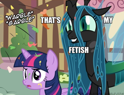 Size: 650x499 | Tagged: safe, artist:mixermike622, edit, queen chrysalis, twilight sparkle, twilight sparkle (alicorn), alicorn, changeling, changeling queen, pony, gritted teeth, text, that is my fetish, tumblr:ask fluffle puff