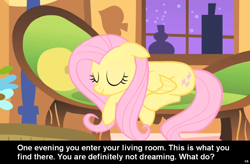 Size: 1024x672 | Tagged: safe, fluttershy, pegasus, pony, caption, cs captions, cute, female, floppy ears, fluttershy's cottage, mare, shyabetes, sleeping, sofa, solo