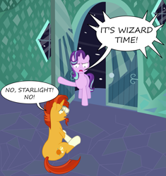 Size: 1321x1408 | Tagged: safe, artist:codename50, starlight glimmer, sunburst, unicorn, the crystalling, door, exploitable meme, female, glasses, goofy time, male, meme, screaming, speech bubble, vector