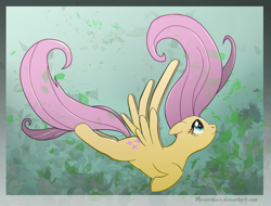 Size: 1024x780 | Tagged: safe, artist:muranskies, fluttershy, pegasus, pony, female, flying, looking up, mare, profile, solo, spread wings, wings