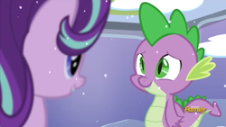 Size: 1776x1002 | Tagged: safe, screencap, spike, starlight glimmer, dragon, pony, unicorn, the crystalling, discovery family logo, friendship, smiling, snow, snowfall