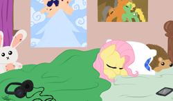 Size: 1600x943 | Tagged: safe, artist:kudalyn, fluttershy, oc, hedgehog, pegasus, pony, bed, headphones, plushie, sleeping