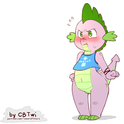 Size: 1200x1200 | Tagged: safe, artist:cold-blooded-twilight, spike, dragon, belly button, blushing, clothes, featureless crotch, male, pouting, raised tail, solo, sweat, tail