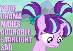 Size: 850x600 | Tagged: safe, edit, edited screencap, screencap, starlight glimmer, pony, unicorn, the crystalling, alternate hairstyle, caption, cute, drama, filly, image macro, meme, pigtails, reaction image, ribbon, sad, solo, younger