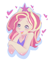 Size: 500x594 | Tagged: safe, artist:tesuai, sunset shimmer, human, crying, cute, heart, humanized, open mouth, shimmerbetes, smiling, solo, tiara, tongue out