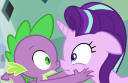 Size: 398x259 | Tagged: safe, screencap, spike, starlight glimmer, dragon, pony, unicorn, the crystalling, boop, muzzle, noseboop, scared, shipping fuel, shocked