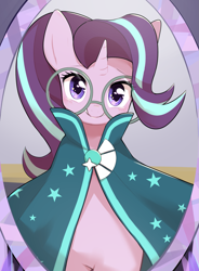 Size: 1475x2000 | Tagged: safe, artist:30clock, starlight glimmer, sunburst, pony, unicorn, accessory theft, cloak, clothes, cosplay, costume, glasses, mirror, smiling, solo, starlight wearing sunburst's robe, sunburst's glasses, sunburst's robe