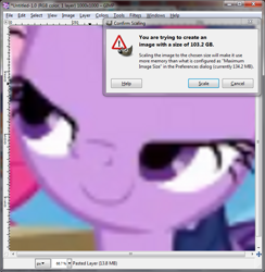 Size: 707x723 | Tagged: safe, derpibooru import, twilight sparkle, gimp, scaling warning message, too big, wilber, windows, windows 7