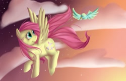 Size: 1454x943 | Tagged: safe, artist:squid-cult, fluttershy, bird, pegasus, pony, female, flying, mare