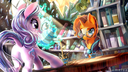 Size: 1200x675 | Tagged: safe, artist:lumelya, starlight glimmer, sunburst, pony, unicorn, the crystalling, dock, food, frown, grin, magic, plot, scene interpretation, spill, tea, teacup, teapot, telekinesis