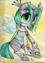 Size: 2511x3492 | Tagged: safe, artist:buttercupsaiyan, queen chrysalis, changeling, changeling queen, nymph, cute, cutealis, female, filly, solo, traditional art, watercolor painting