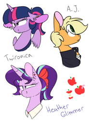 Size: 1024x1382 | Tagged: safe, artist:korgikardigan, applejack, starlight glimmer, twilight sparkle, twilight sparkle (alicorn), alicorn, earth pony, pony, bow, clothes, female, floppy ears, hair bow, heather chandler, heathers, heathers the musical, j.d., jason dean, jason j.d. dean, lesbian, mare, shipping, shirt, twijack, veronica sawyer